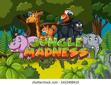 Forest scene with word jungle madness with wild animals in background illustration - Shutterstock ID 1652408410