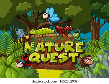 Forest scene with word nature quest and many bugs in background illustration