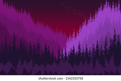 Forest scenery in a burning sunset