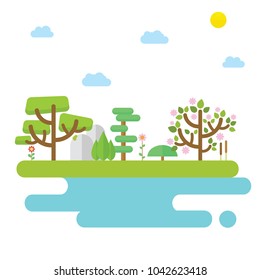Forest scenery with lake and with flat and modern design