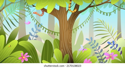 Forest scenery wallpaper for children with trees leaves and grass. Forest or woods bright green illustration for kids. Vector magic jungle horizontal banner.