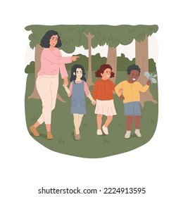 Forest school isolated cartoon vector illustration. Adult leading small group of children in the forest, unschooling, field trip, explore nature, seasonal outdoor activity vector cartoon.