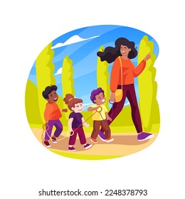 Forest school isolated cartoon vector illustration. Adult leading small group of children in the forest, unschooling, field trip, explore nature, seasonal outdoor activity vector cartoon.