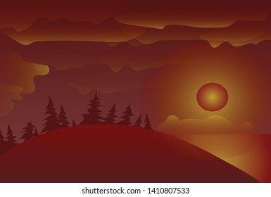 forest and sea at sunset vector in red style