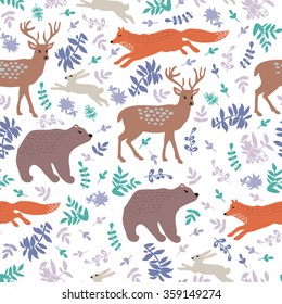 Forest seamless with animals.  Hand drawing. Seamless pattern for fabric, paper and other printing and web projects.