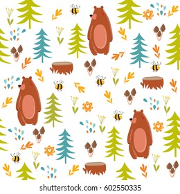 Forest seamless background. Bear in the forest. Forest animal. Nature. summer. Cartoon Characters