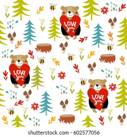 Forest seamless background. Bear in the forest. Forest animal. Nature. summer. Cartoon characters. Bear with a heart.