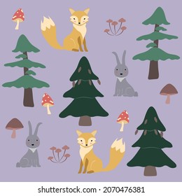 Forest seamless background with cute fox, bunny, mushrooms and trees in cartoon style. Flat vector illustration