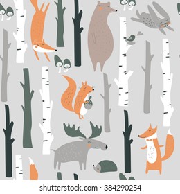 Forest seamless background with cute fox, bear, bunny, elk, hedgehog, birds, mushrooms and trees in cartoon style