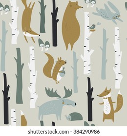 Forest seamless background with cute fox, bear, bunny, elk, hedgehog, birds, mushrooms and trees in cartoon style