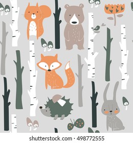 Forest seamless background with cute fox, bear, bunny, elk, hedgehog, birds, mushrooms and trees in cartoon style