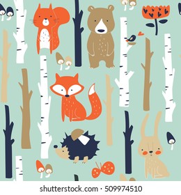 Forest seamless background with cute fox, bear, bunny, elk, hedgehog, birds, mushrooms and trees in cartoon style