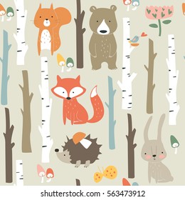 Forest seamless background with cute fox, bear, bunny, elk, hedgehog, birds, mushrooms and trees in cartoon style