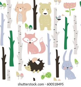 Forest seamless background with cute fox, bear, bunny, elk, hedgehog, birds, mushrooms and trees in cartoon style