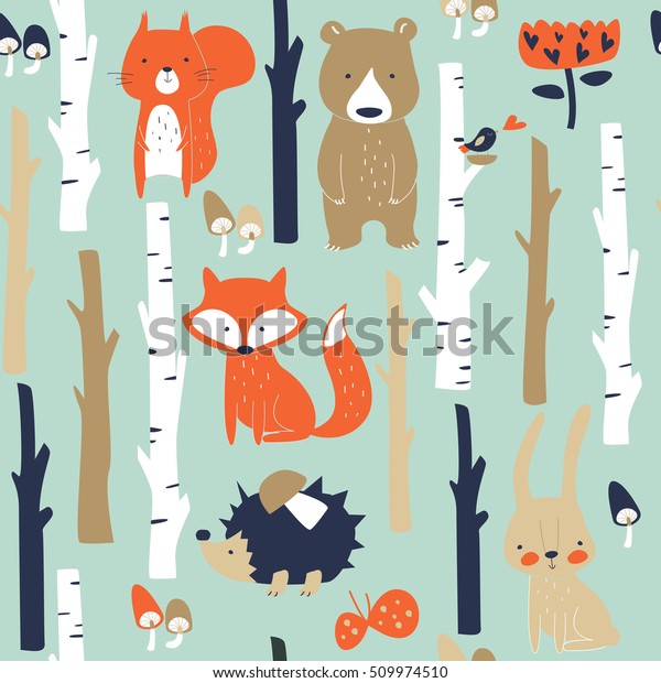 Forest Seamless Background Cute Fox Bear Stock Vector (Royalty Free ...