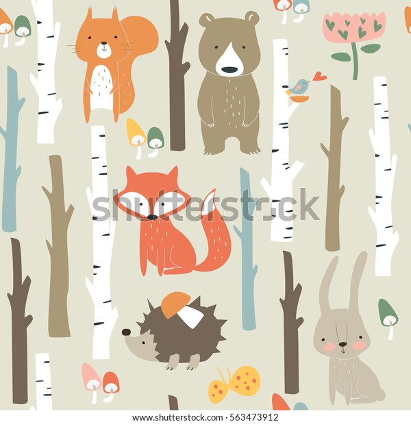 Forest Seamless Background Cute Fox Bear Stock Vector (Royalty Free ...