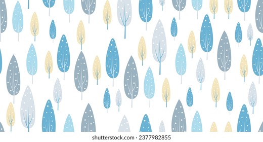 Forest seamless background with winter trees in calm blue tones. Fashionable textures, prints.
