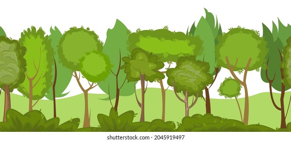 Forest. Seamless isolated illustration. Grass and bushes. Summer scene. Nature landscape in cartoon flat style. View of the green trees. On white background. Vector.