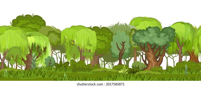 Forest. Seamless isolated illustration. Nature landscape in cartoon flat style. Grass and bushes. Summer scene. View of the green trees. On white background. Vector