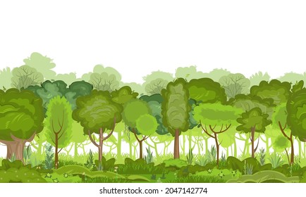 Forest seamless. Isolated illustration. Nature landscape. Cartoon flat style. Grass and bushes. Summer scene. View of the green trees. On white background. Vector.