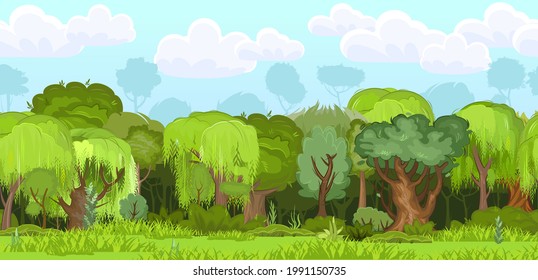 Forest. Seamless landscape. Cartoon flat style. Grass and dense bushes. In summer. Noon, midday. Dark shadow. Meadow glade at the edge. View of the green trees. Vector