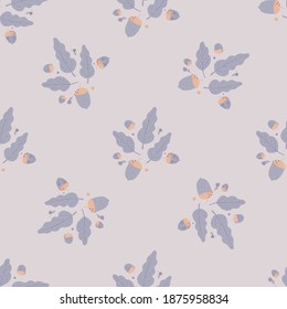 Forest seamless pale pattern with acorns and foliage from oak tree. Light lilac palette artwork. Flat vector print for textile, fabric, giftwrap, wallpapers. Endless illustration.