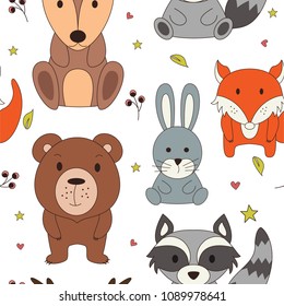 Forest seamless pattering in cartoon style. Woodland animals. Vector illustration.