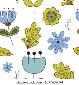 Forest seamless pattering in cartoon style. Floral elements, flower and leavs. Vector illustration.