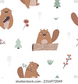 Forest seamless pattern with adorable funny beavers, trees, twigs, leaves. Childish design for decorations, print, wallpaper, gift wrap