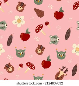 Forest seamless pattern with animal heads. Owl, raccoon, deer, beaver. Design for fabric, textile, wallpaper, packaging, decorating a nursery.	