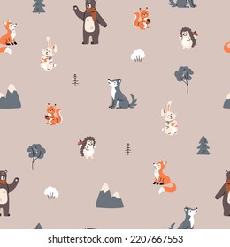Forest seamless pattern with animals - fox, bear, rabbit, hedgehog, wolf and squirrel. Cute animals seamless pattern. Vector  background in scandinavian style