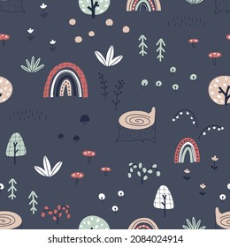 Forest seamless pattern. Autumn illustration in simple hand drawn scandinavian style. Pastel limited palette on a dark blue background. Ideal for printing baby clothes, fabrics, textiles