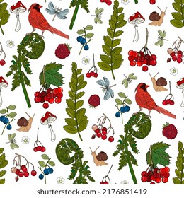 forest seamless pattern. Background with ferns, birds and berries
