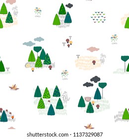 Forest seamless pattern background. Scandinavian style.