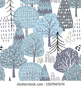 Forest seamless pattern background with winter trees.