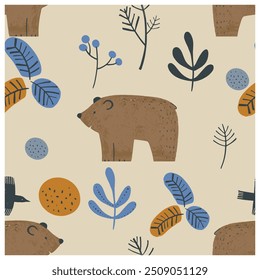 Forest Seamless pattern with Bear. Hand drawn vector illustration. 