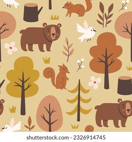 Forest seamless pattern with bears, birds and squirrels. Square repeat pattern design. Vector illustration.