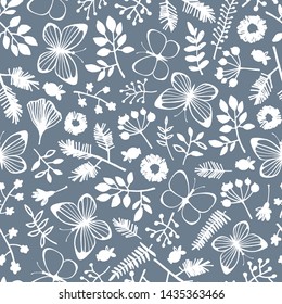 Forest seamless pattern with beetles, branches and flowers.