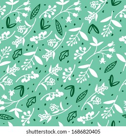 Forest seamless pattern with berries, leaves, branches vector illustration on a green background. Doodle botanical texture.