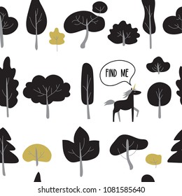 Forest seamless pattern with black trees and plants on a white background. Unicorn says find me. Vector illustration in the Scandinavian style. Good for gift card and kids products.