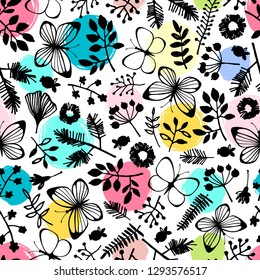 Forest seamless pattern with butterflies, branches and flowers.