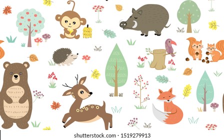 Forest seamless pattern in childish style with cute animals - fox, deer, bear, hedgehog , monke and autumn  plantsy. Vector illustration