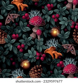 Forest seamless pattern with cranberry and leaves