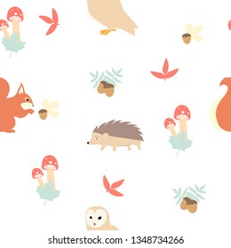 Forest seamless pattern with cute animals - hedgehog, squirrel and owl.