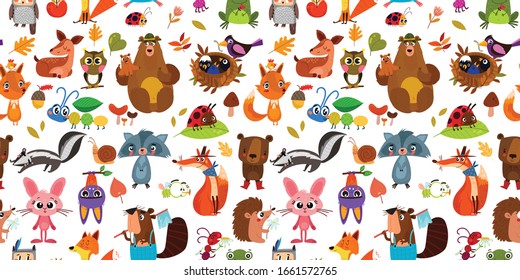 Forest seamless pattern with cute animals. Colorful pattern for banner, gift wrapping paper, t-shirts, greeting cards