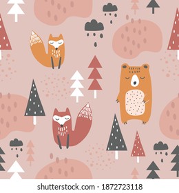 Forest seamless pattern with cute animals. Hand drawn vector illustration