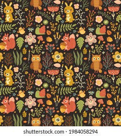 Forest seamless pattern with cute animals 