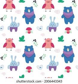 Forest seamless pattern with cute animals - owl, hare and bear. The vector illustration is complemented by other isolated decorative elements.