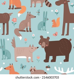 Forest seamless pattern with cute animals - fox, moose, bear, rabbit, wolf and squirrel. Vector flat hand drawn illustration in childish scandinavian style.