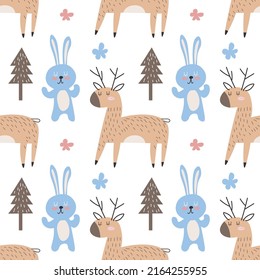 Forest seamless pattern with cute animals - deer and rabbit. Vector illustration Scandinavian style flat design. Concept for kids, textile print, poster, card EPS